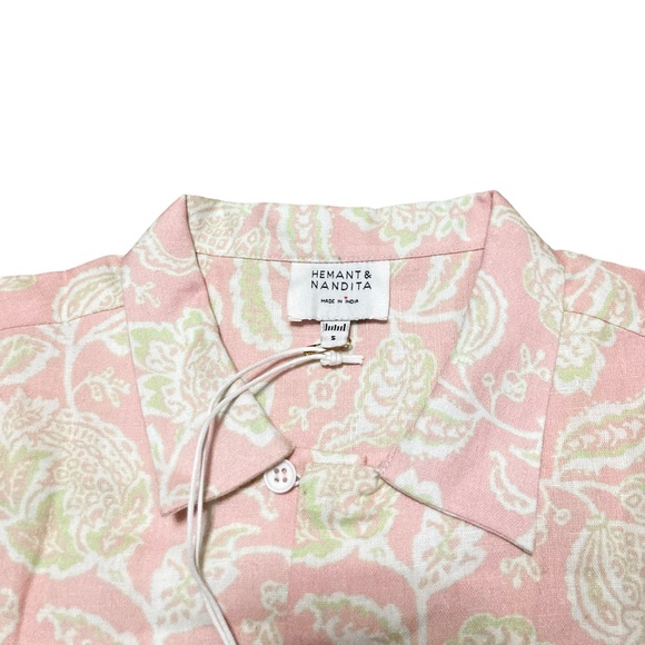 HEMANT & NANDITA Pink Floral Button Up Short Sleeve Shirt Women’s size S in Pink - Picture 3 of 5